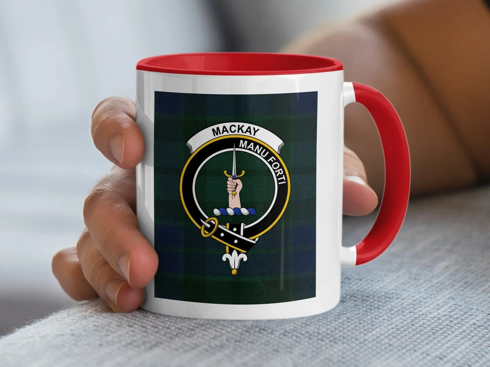 MacKay Manu Forti insignia design coffee mug — 11oz glossy white ceramic, Scottish heritage