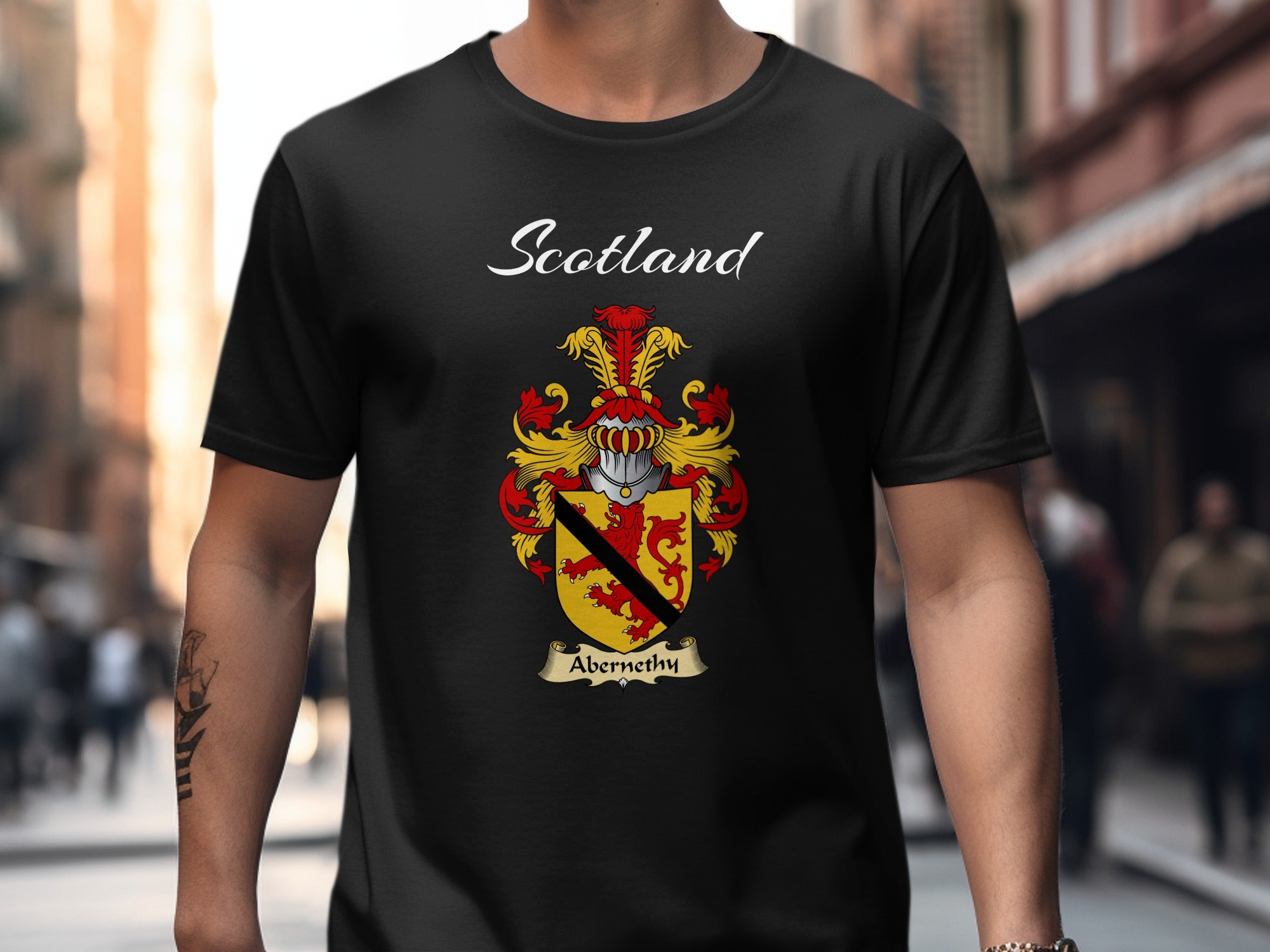 Abernethy Scottish family shield design on Black T-shirt