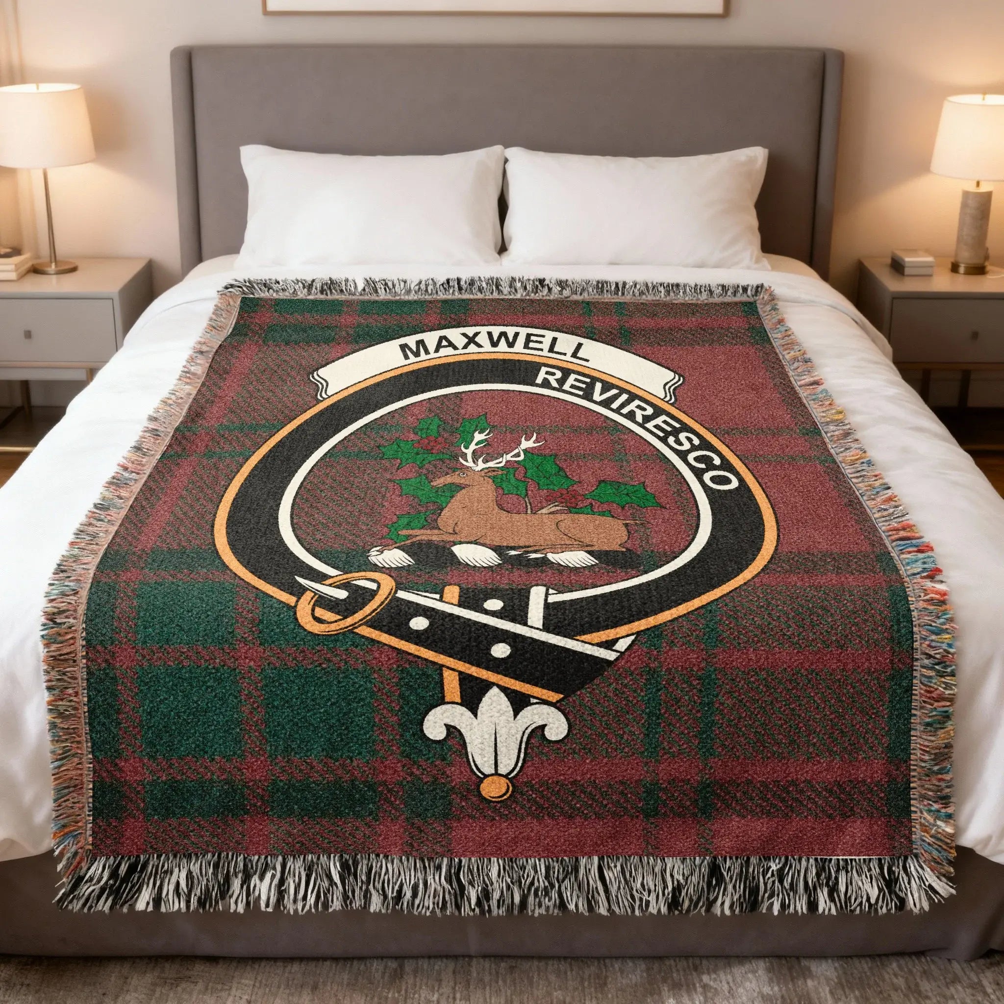Clan Maxwell woven tartan blanket with stag crest and Reviresco motto — 100% cotton heirloom throw