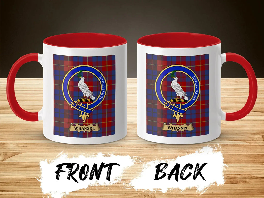 Whannel tartan-background crest mug shown as a Scottish heritage gift