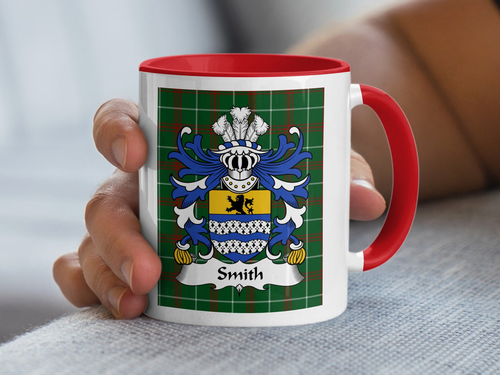 Smith Welsh family crest mug on Welsh National Tartan