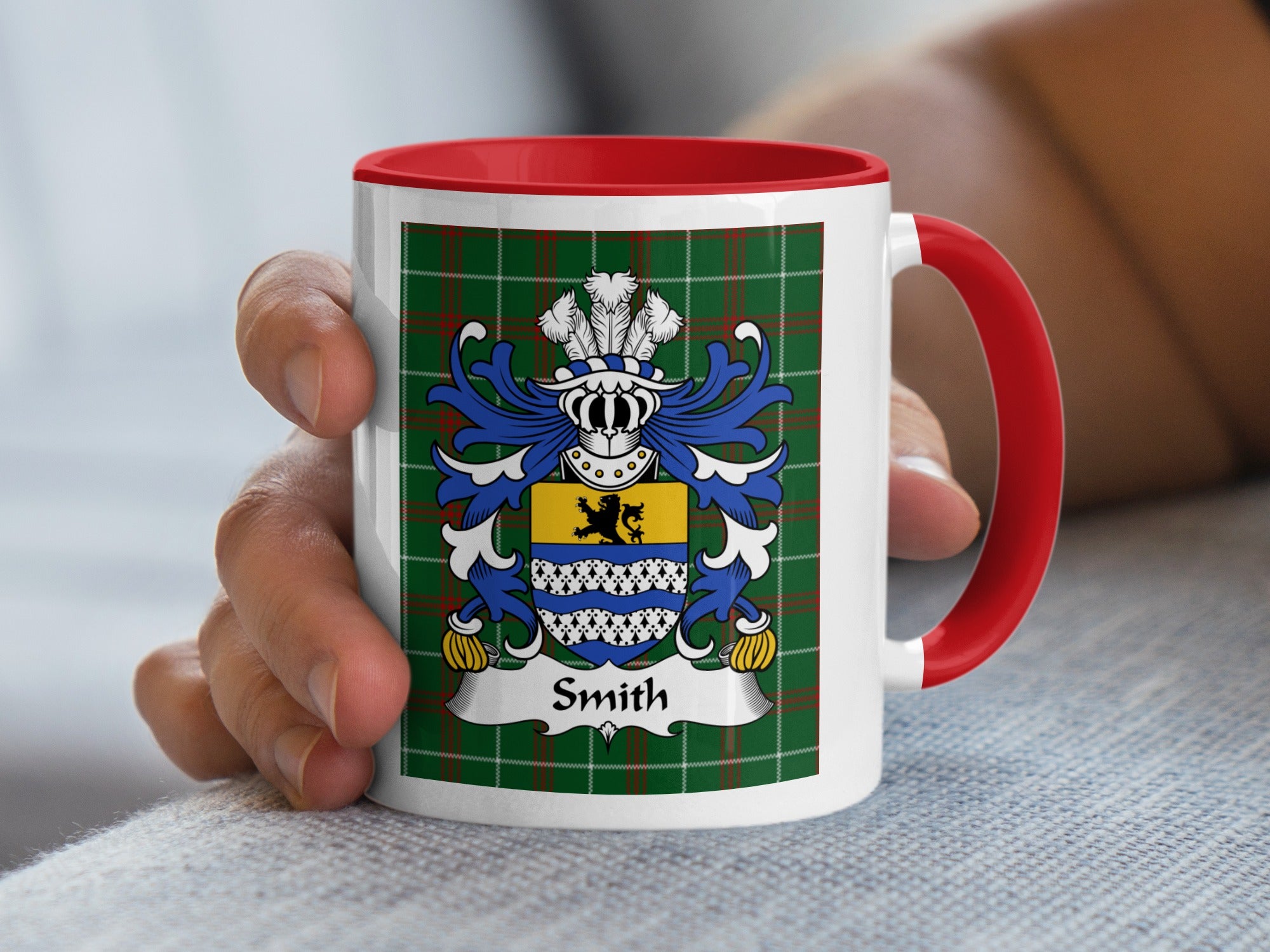 Smith Welsh family crest mug on Welsh National Tartan