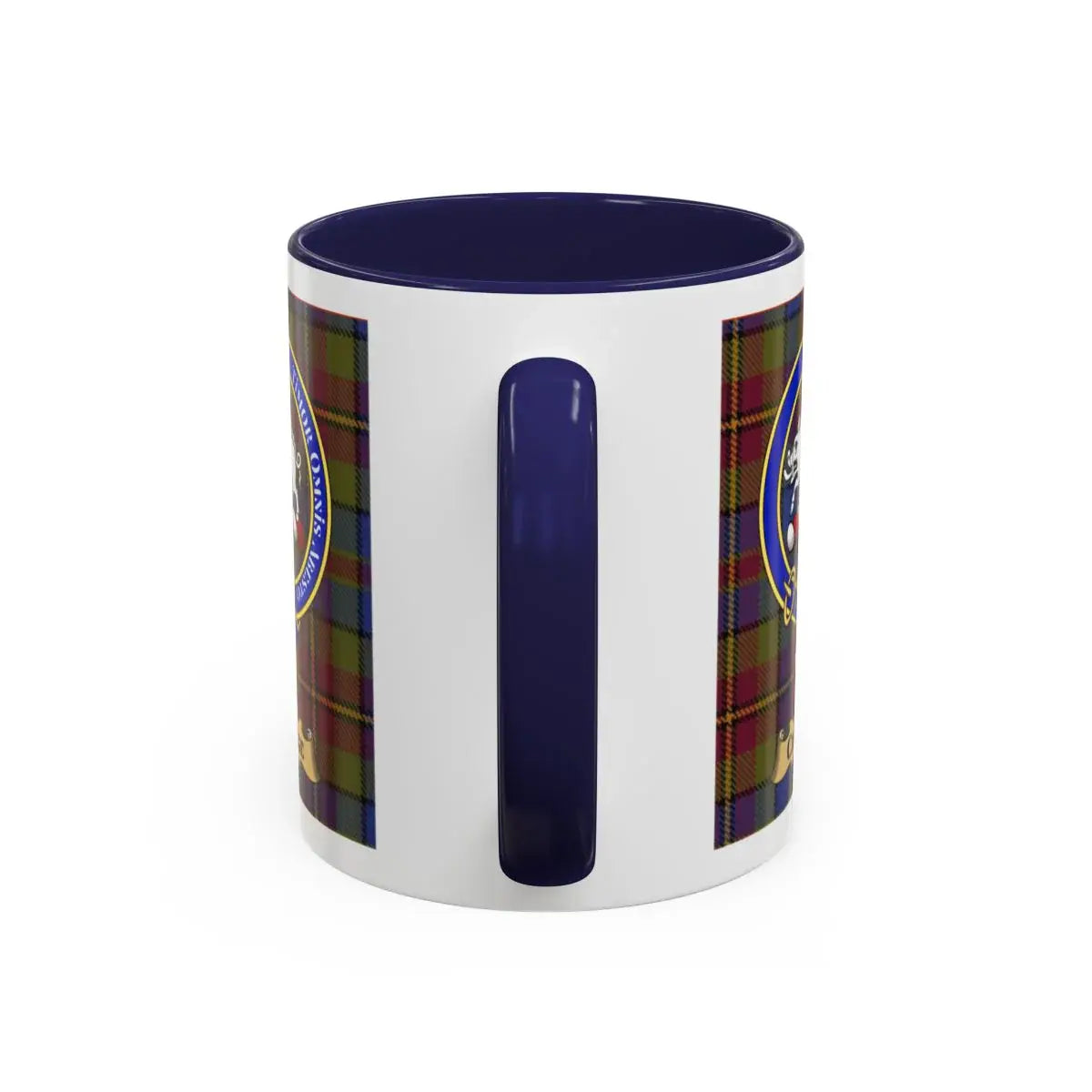 Colorful Plaid and Crest Design Blue Handle Mug
