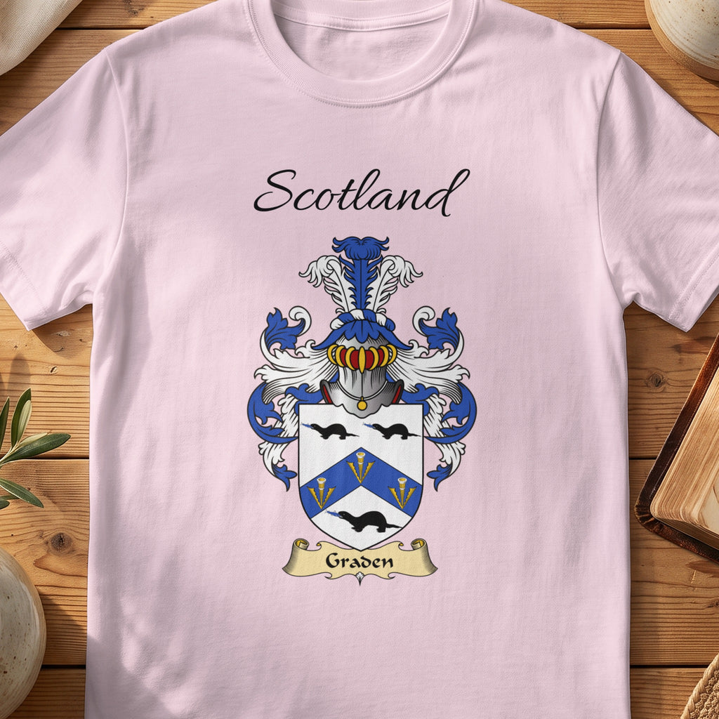 Light Pink Graden Scottish family shield T-shirt featuring a blue chevron between black birds