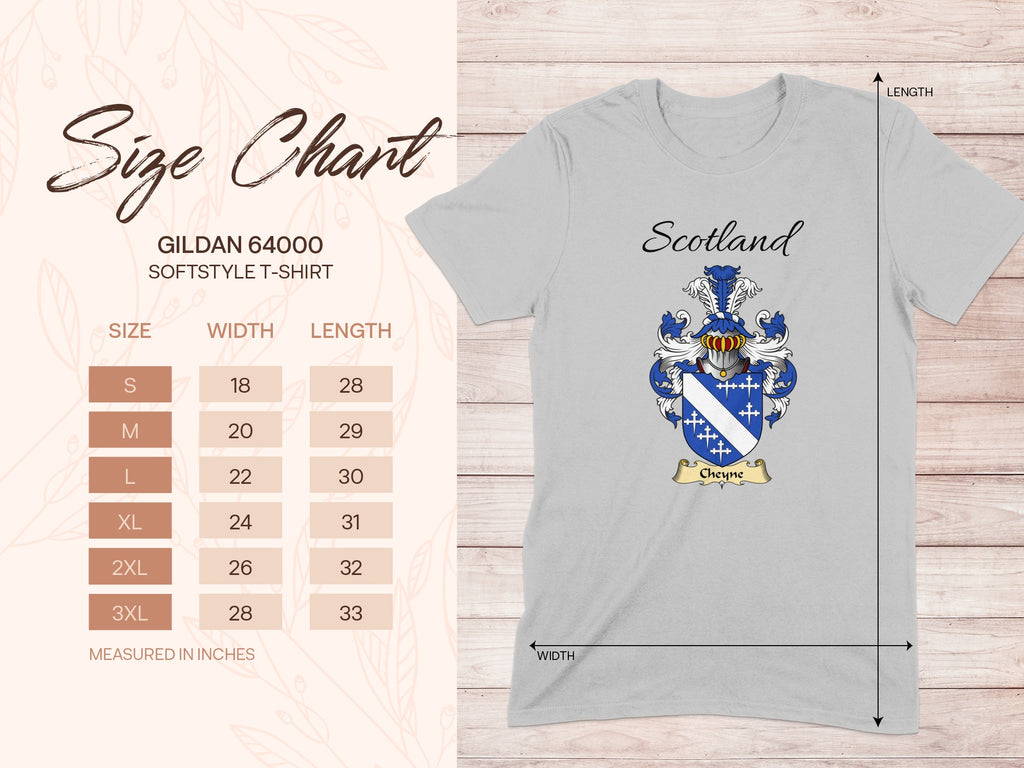 Gildan 64000 size chart for the Cheyne unisex T-shirt, sizes S to 3XL