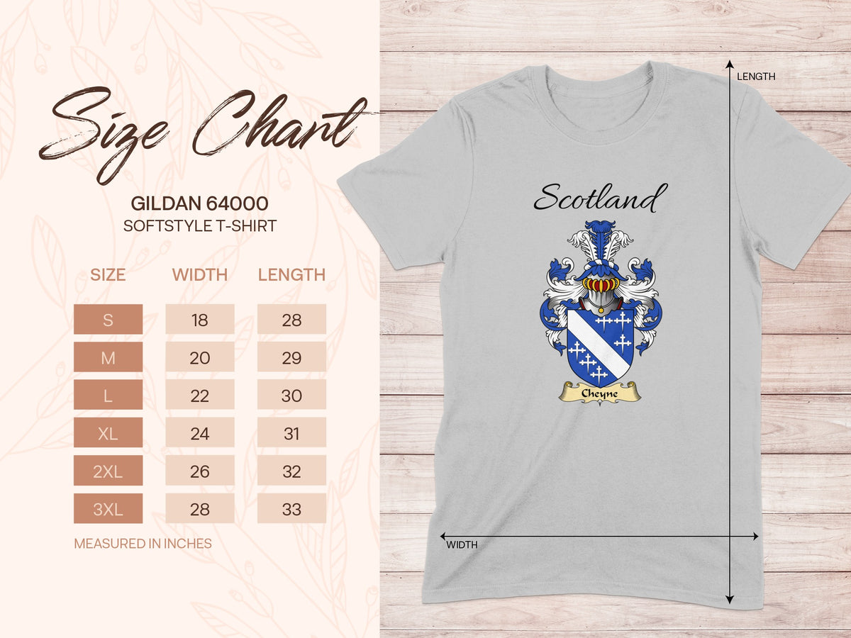 Gildan 64000 size chart for the Cheyne unisex T-shirt, sizes S to 3XL