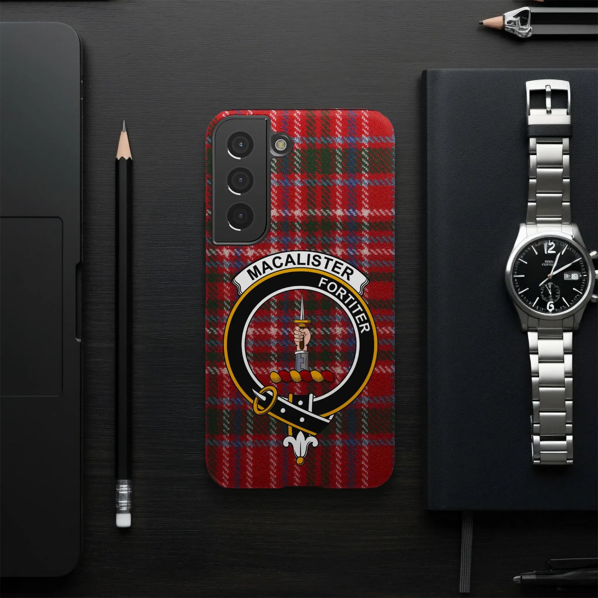 MacAlister clan tartan design phone case cover — slim profile, precise port cutouts