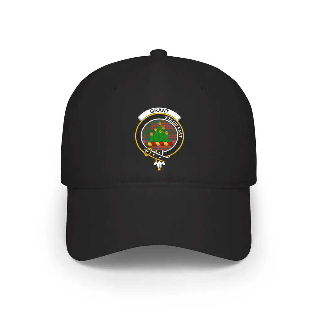 Grant clan crest tartan cap in black — 100% cotton with Stand Fast heraldic design on front panel