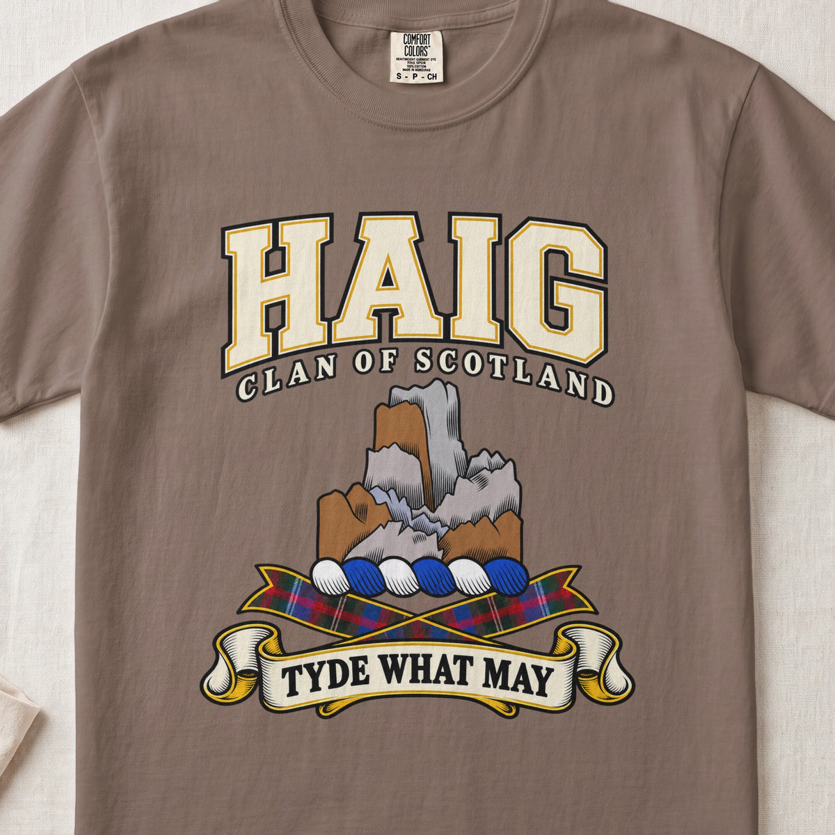 Haig Scottish clan graphic T-shirt in Espresso, front view