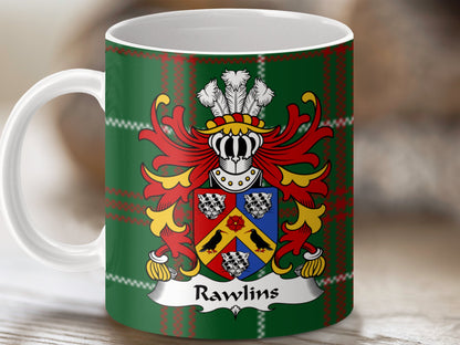 Rawlins Welsh Surname Coat of Arms on Tartan Background Mug - Living Stone Gifts