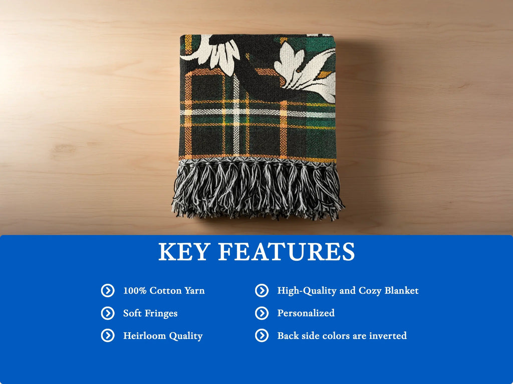 Plaid blanket with fringe, featuring key features in a bulleted list.