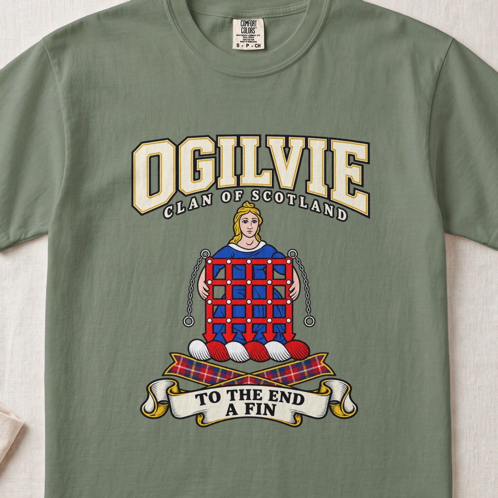 Ogilvie Scottish clan graphic T-shirt in Moss, front view