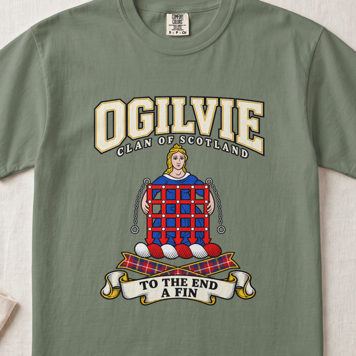 Ogilvie Scottish clan graphic T-shirt in Moss, front view