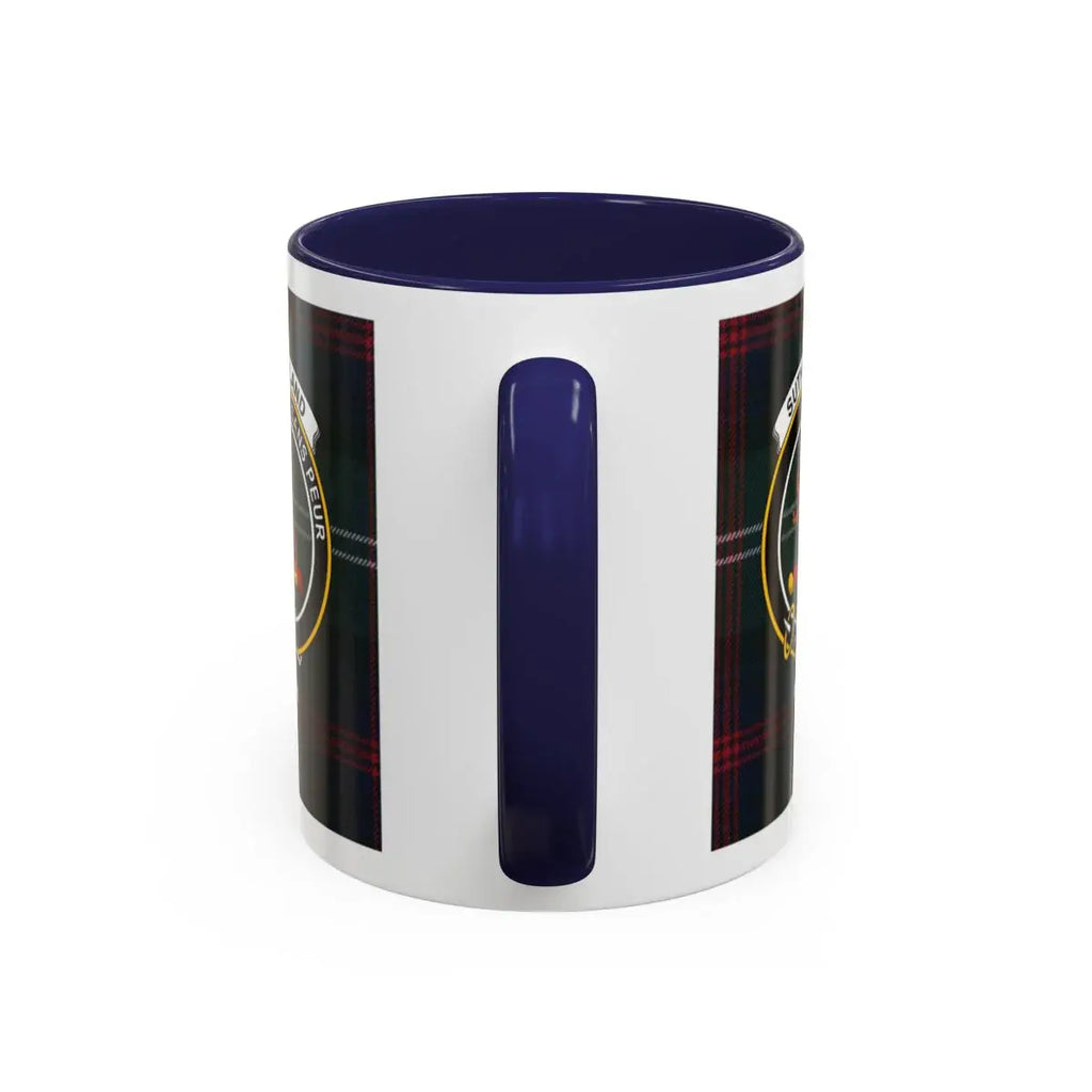 Clan Sutherland Scottish tartan mug — close-up of crest and accent interior