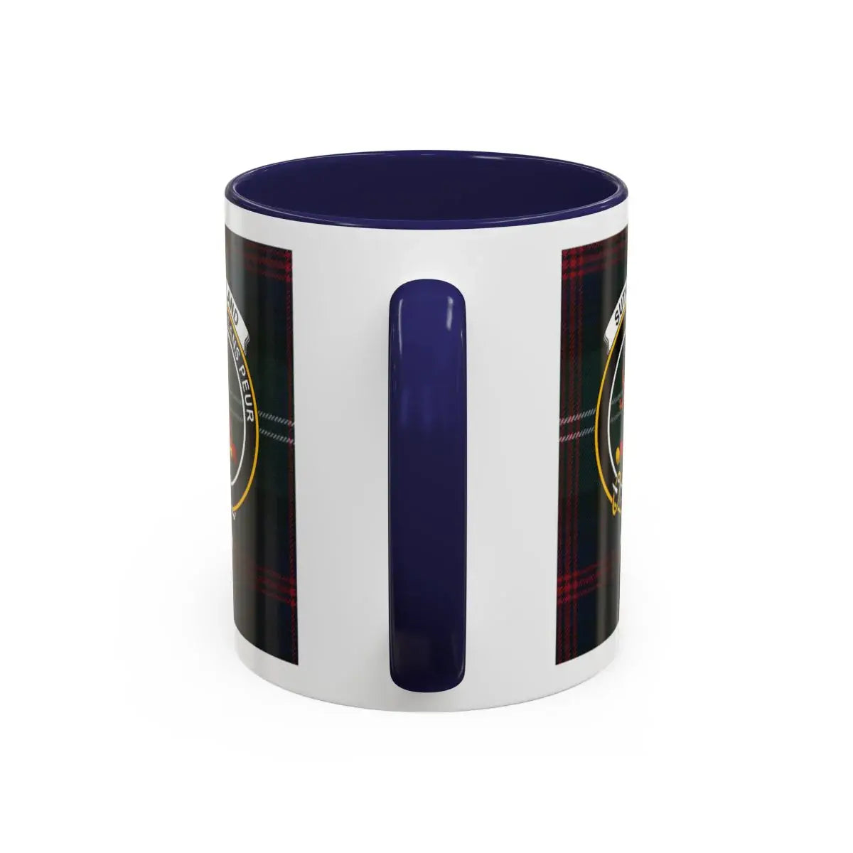 Clan Sutherland Scottish tartan mug — close-up of crest and accent interior
