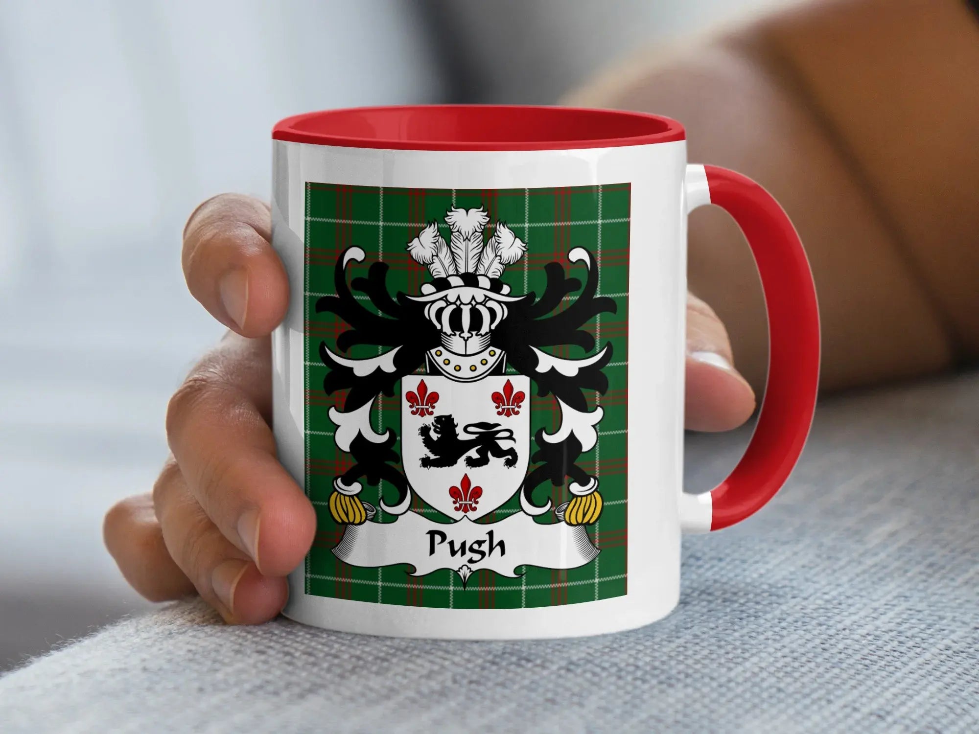 Pugh Welsh tartan accent mug with red handle and coat of arms on plaid