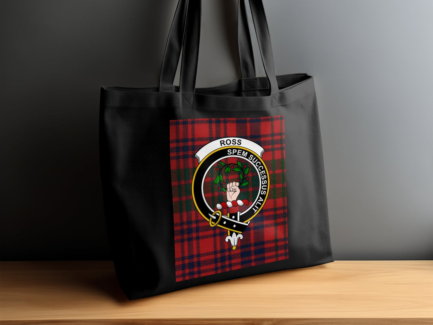 Scottish Clan Crest on Tartan Background Ross Tote Bag - Living Stone Gifts