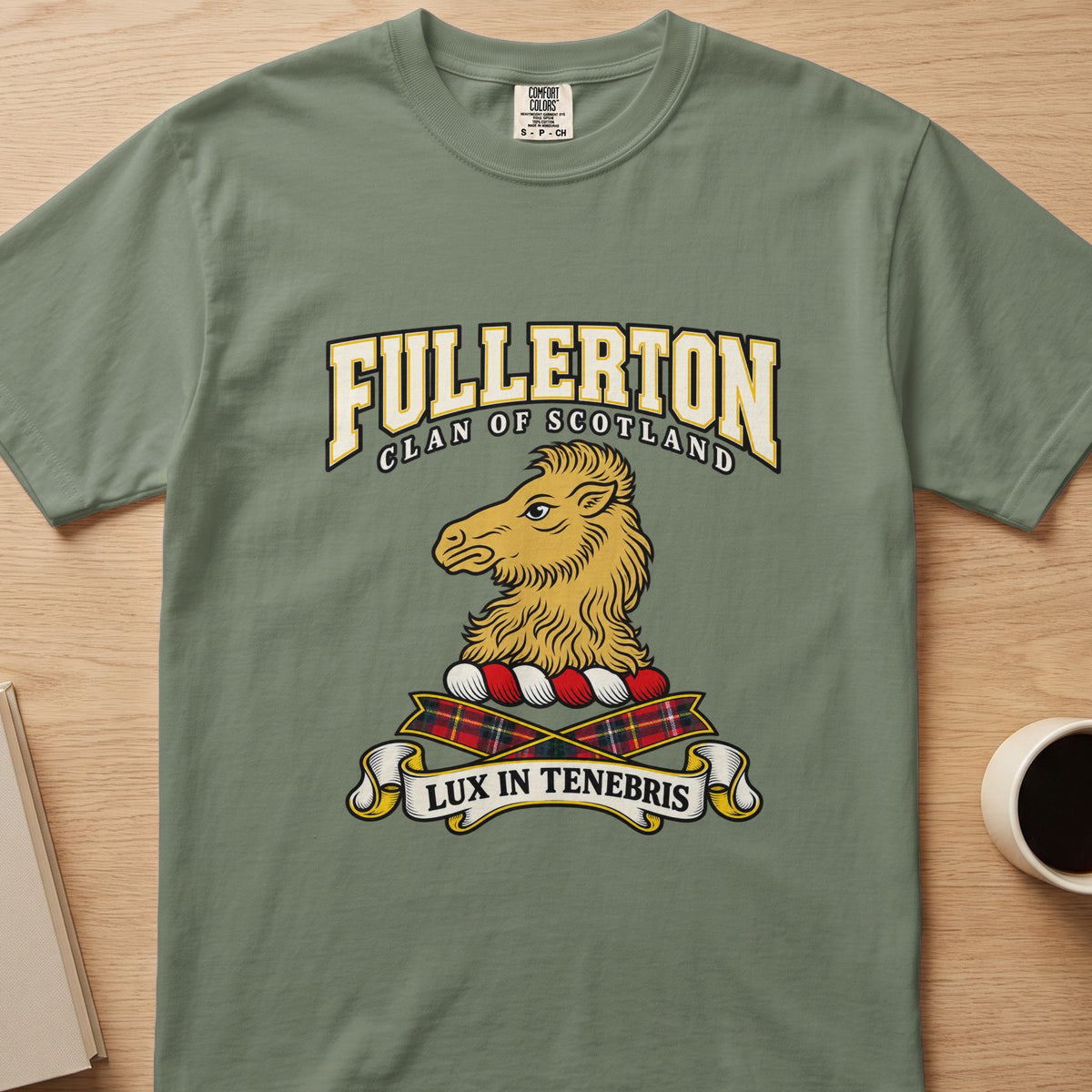 Fullerton clan T-shirt in sage green, front view with gold animal head in profile