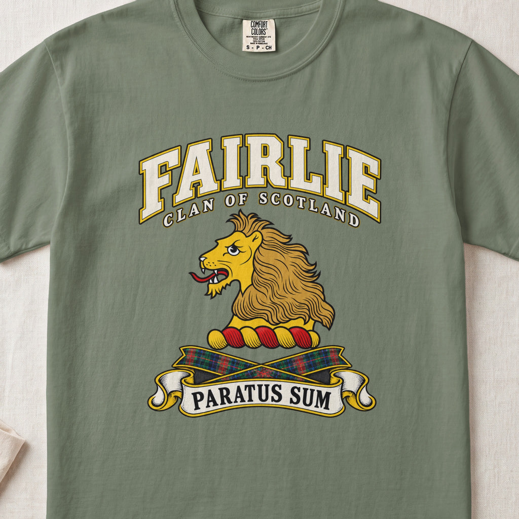 Fairlie Scottish clan T-shirt in Moss, front view with a gold lion head and motto design.