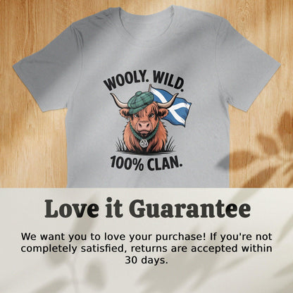 Wooly Wild 100 Percent Clan Highland Cow T-Shirt - Celtic Ancestry Gifts