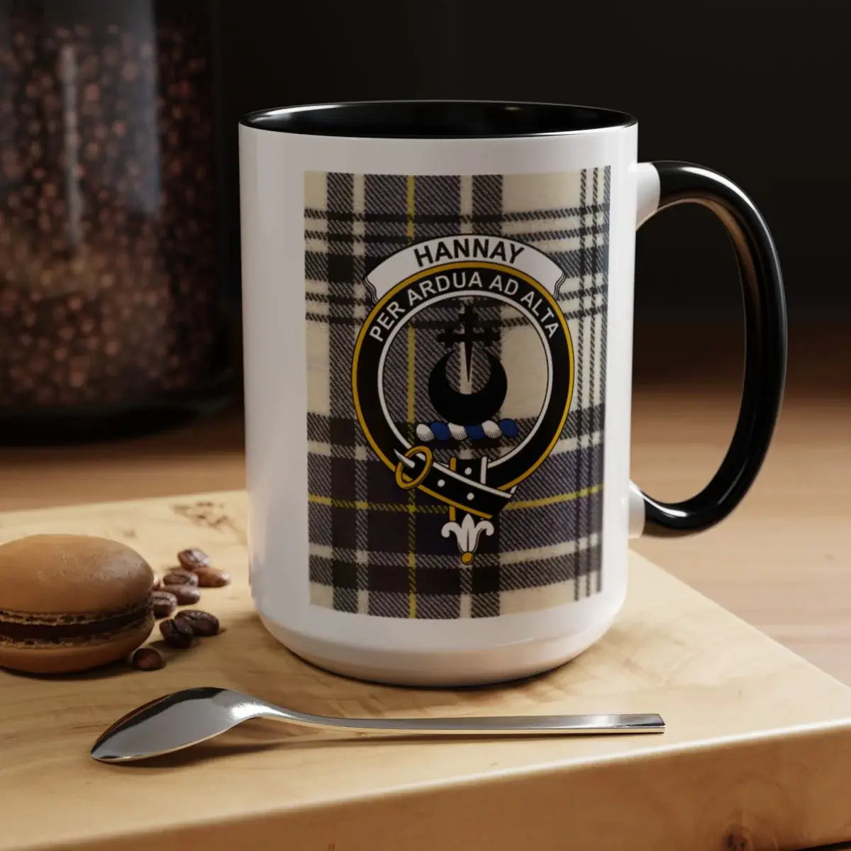 Hannay tartan crest mug — 15oz accent mug with black handle and interior shown from side