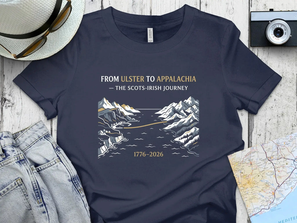 T-shirt graphic depicting From Ulster to Appalachia journey with text and landscape.