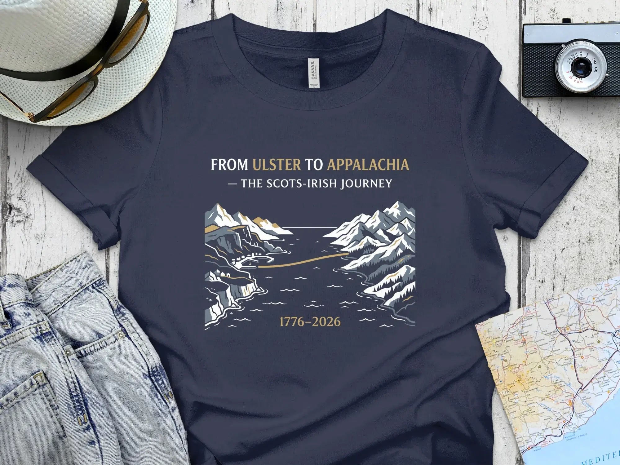 T-shirt graphic depicting From Ulster to Appalachia journey with text and landscape.