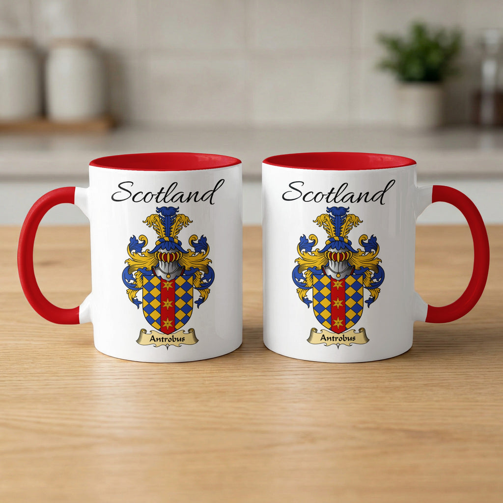 Antrobus 11 oz Scottish family crest ceramic mug with a Scotland-topped heraldic emblem