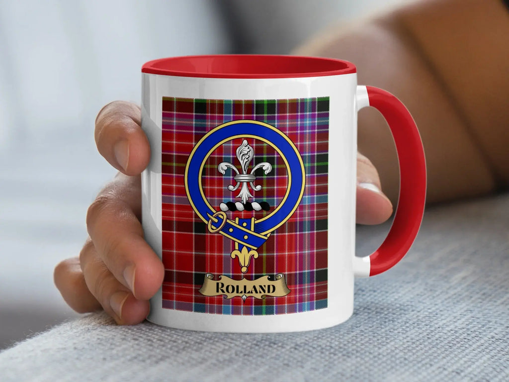 Rolland Family Crest Red Tartan Background Mug