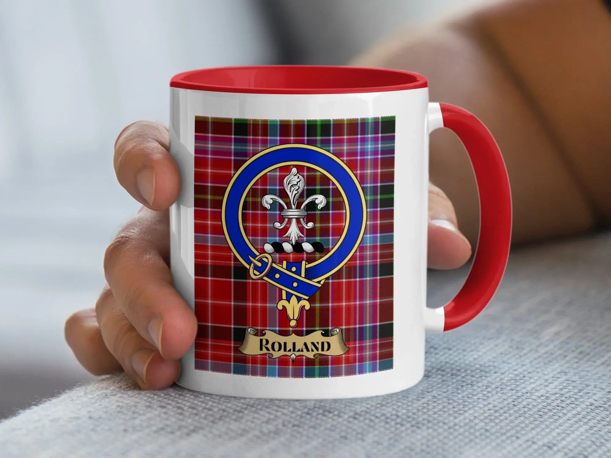 Rolland Family Crest Red Tartan Background Mug