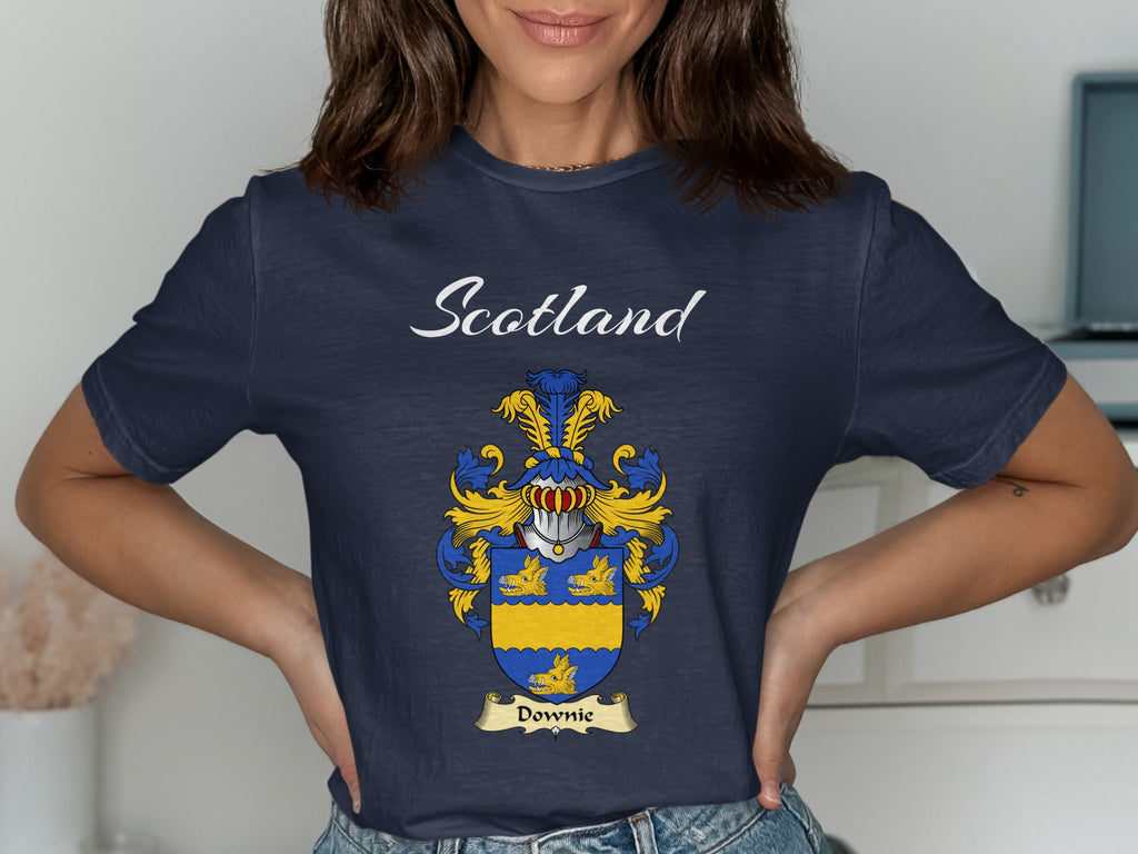 Downie Scottish family shield design on Navy T-shirt