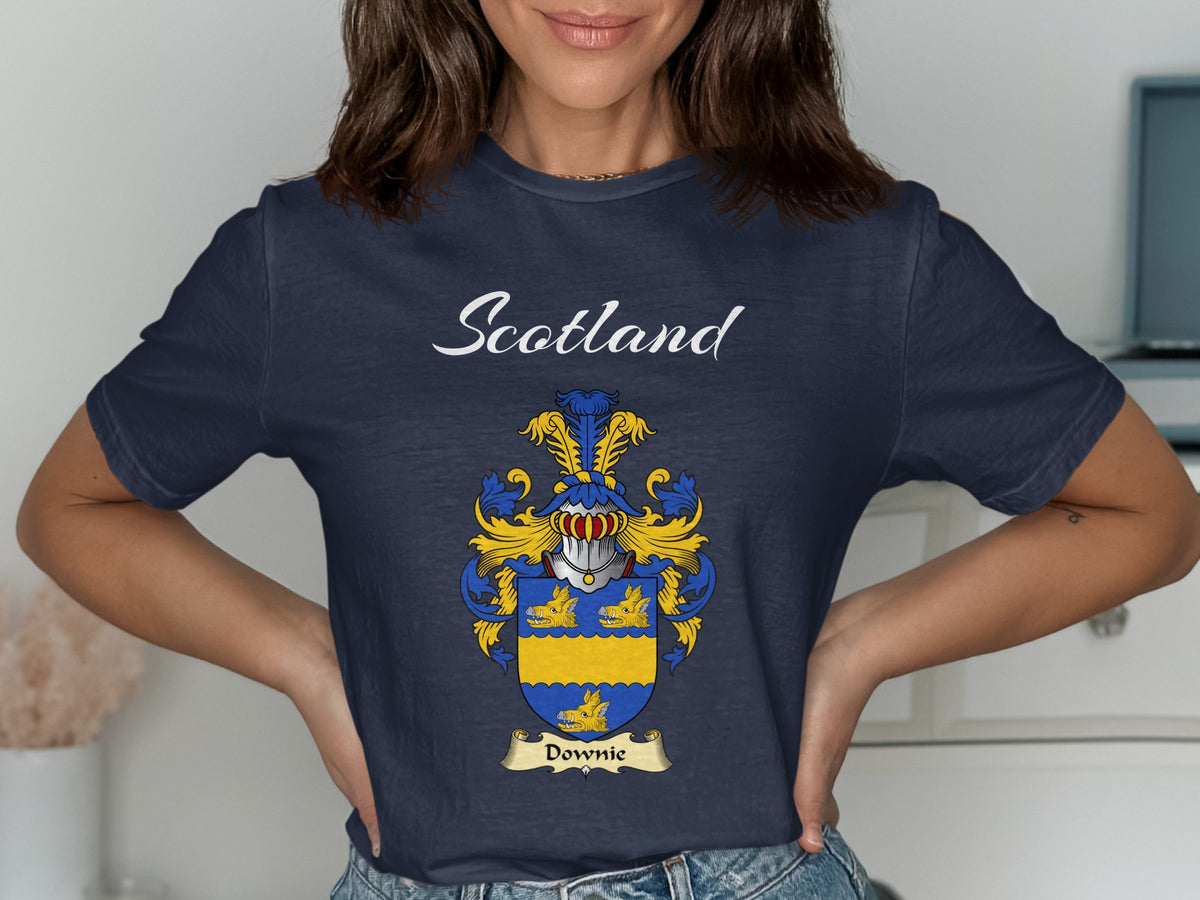 Downie Scottish family shield design on Navy T-shirt