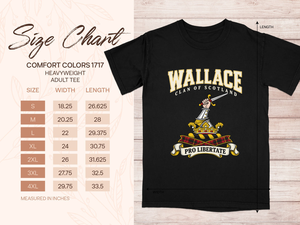 Comfort Colors 1717 size chart with shirt width and length in inches for sizes S to 4XL, beside the Wallace design.