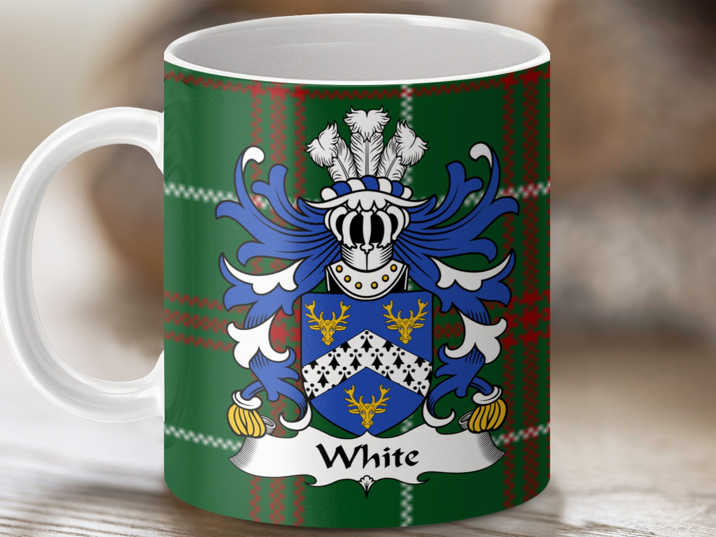 White Welsh Surname Coat of Arms Tartan Background Mug - Living Stone Gifts