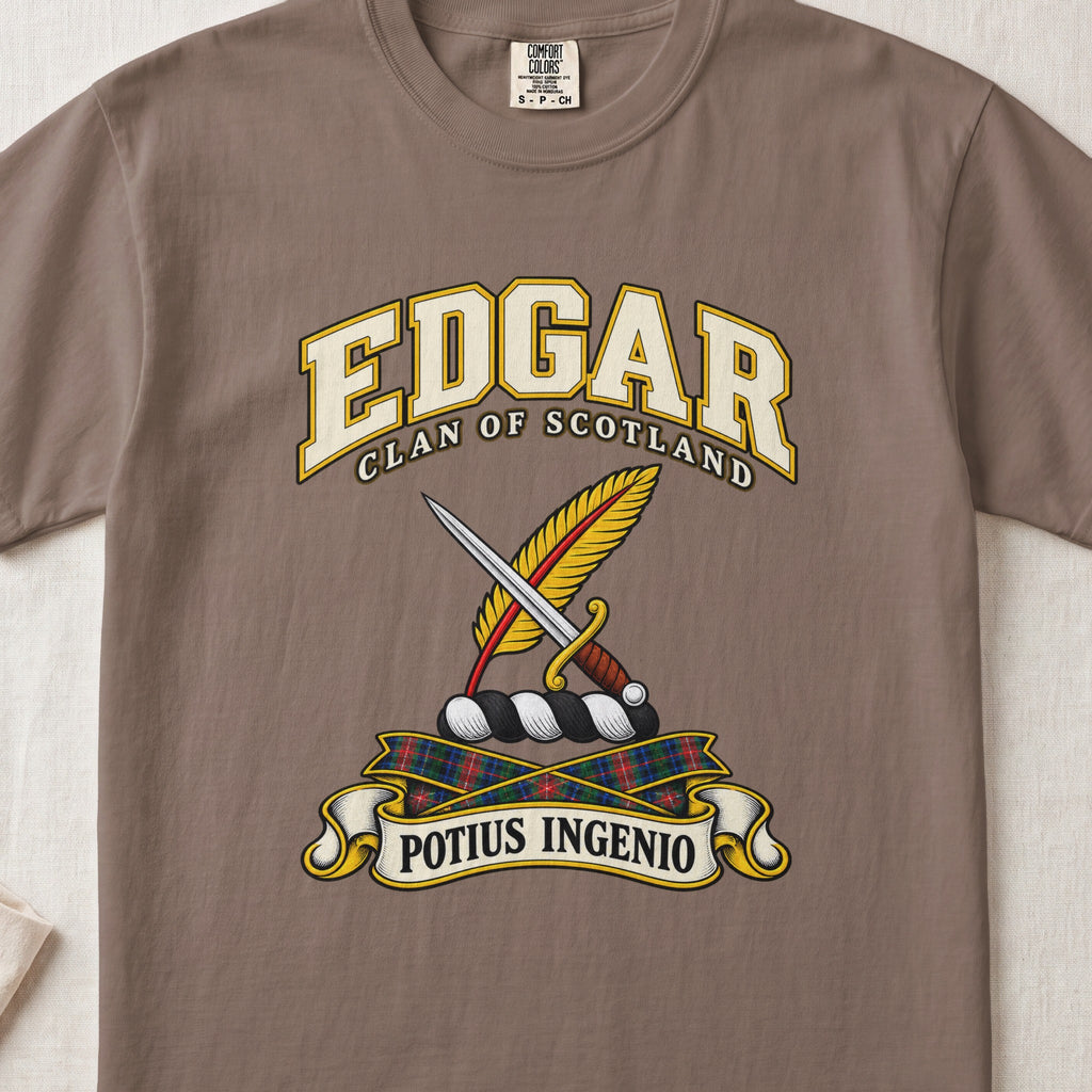 Edgar Scottish clan T-shirt in Espresso, front view with a dagger crossed with a gold feather and motto banner.