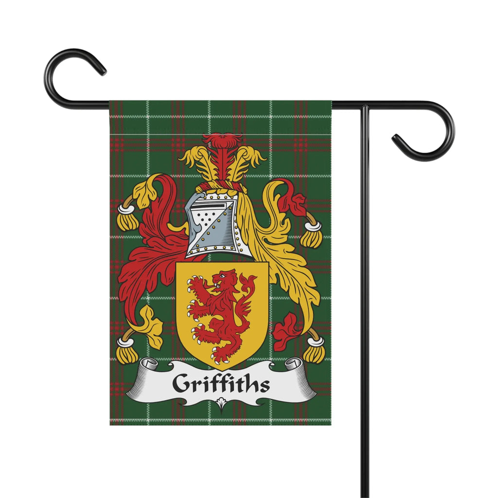 Garden flag displaying the Griffiths family crest on a tartan pattern.