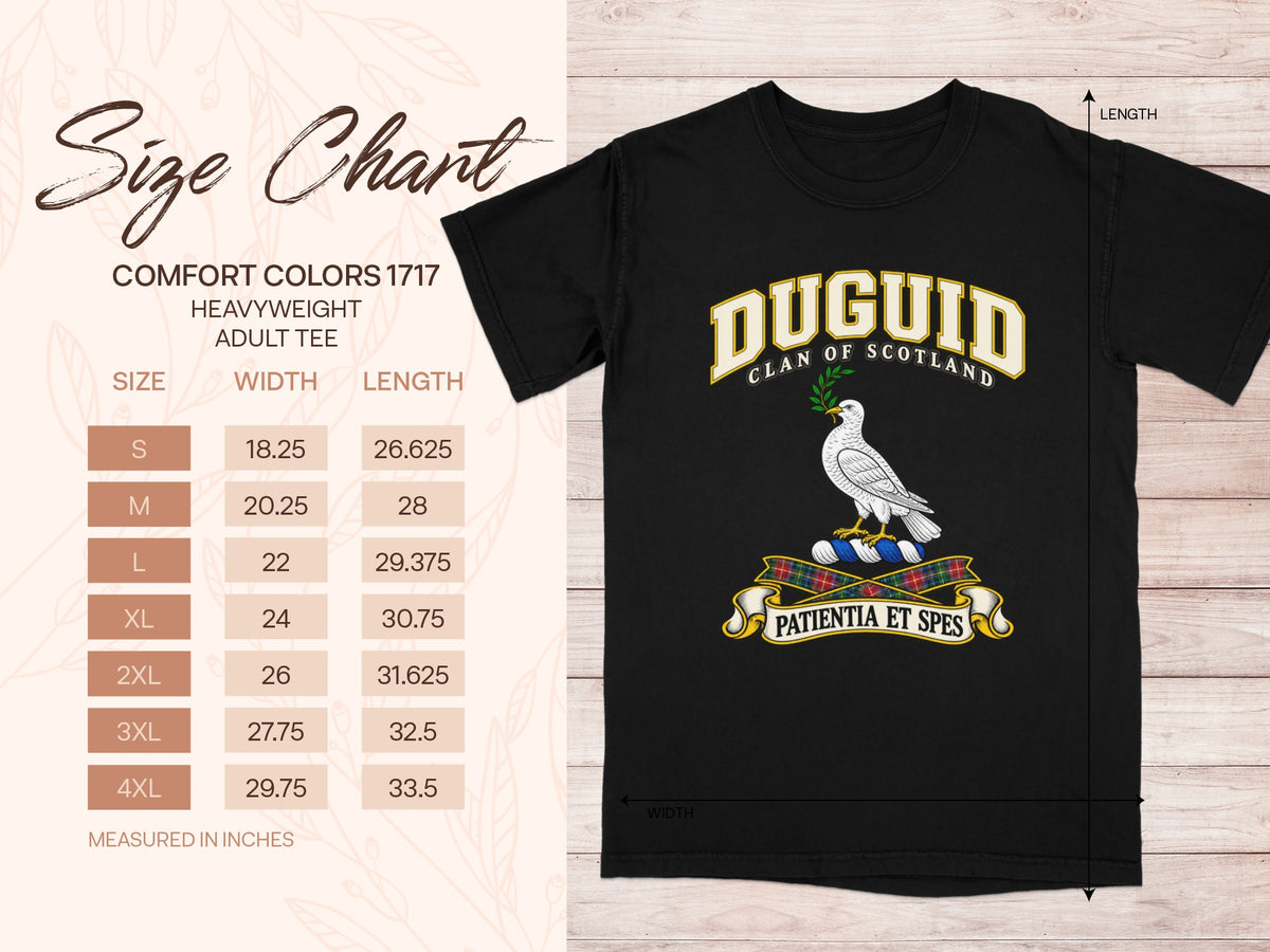 Comfort Colors 1717 size chart for the Duguid Scottish clan T-shirt, adult sizes S–4XL.