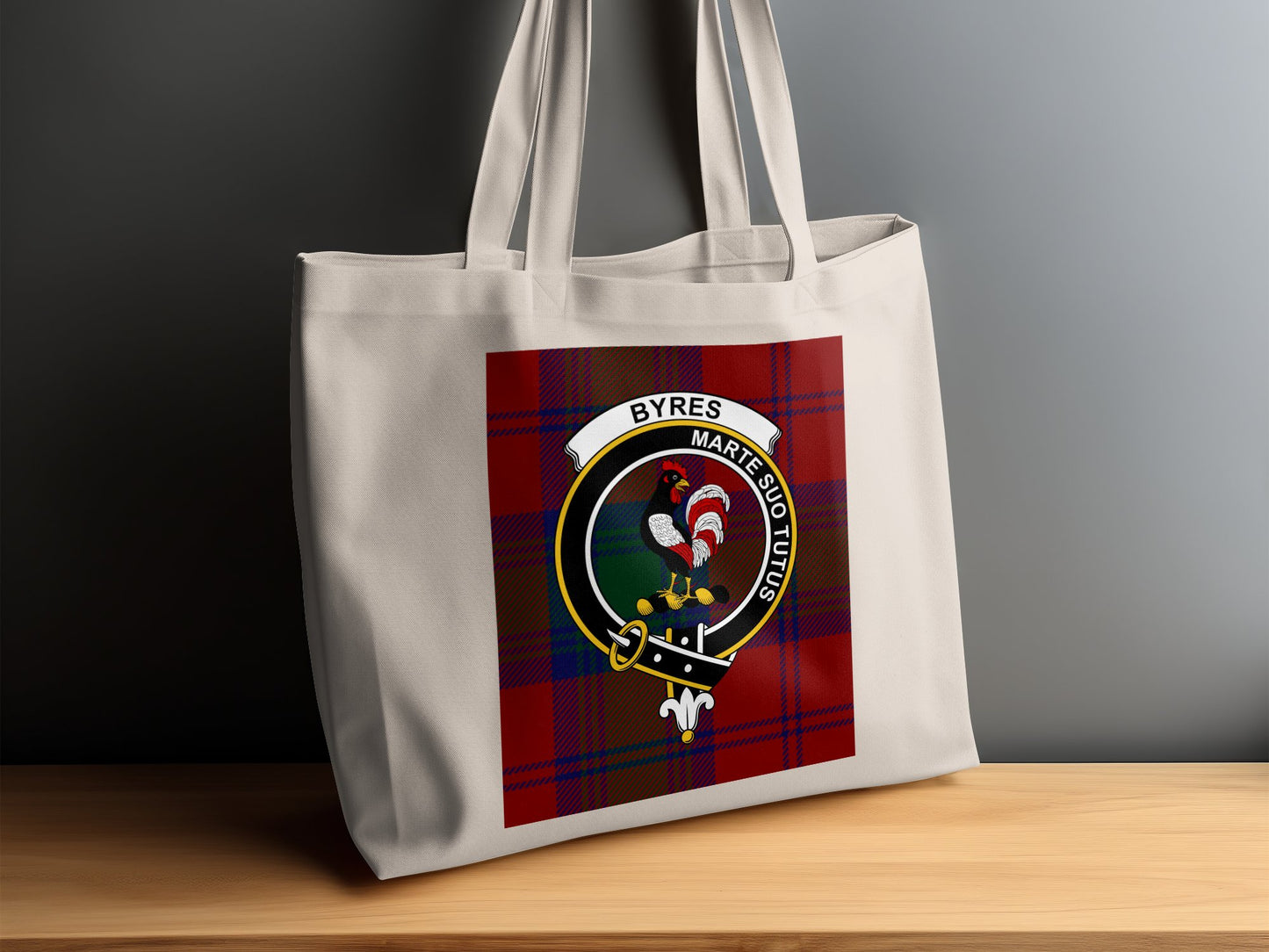 Byres Clan Crest on Tartan Background Tote Bag - Living Stone Gifts