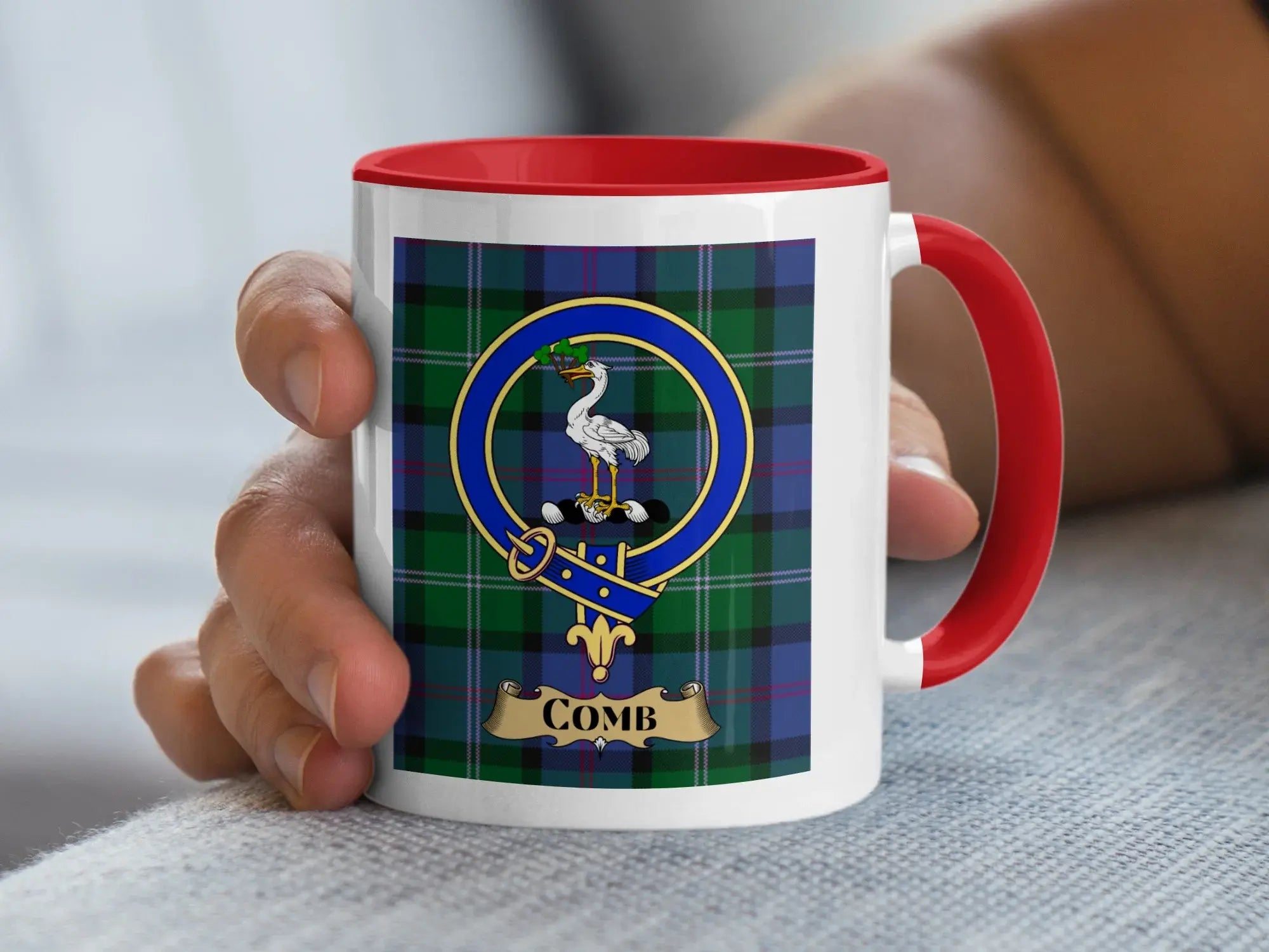 Comb family crest ceramic mug for everyday coffee and tea