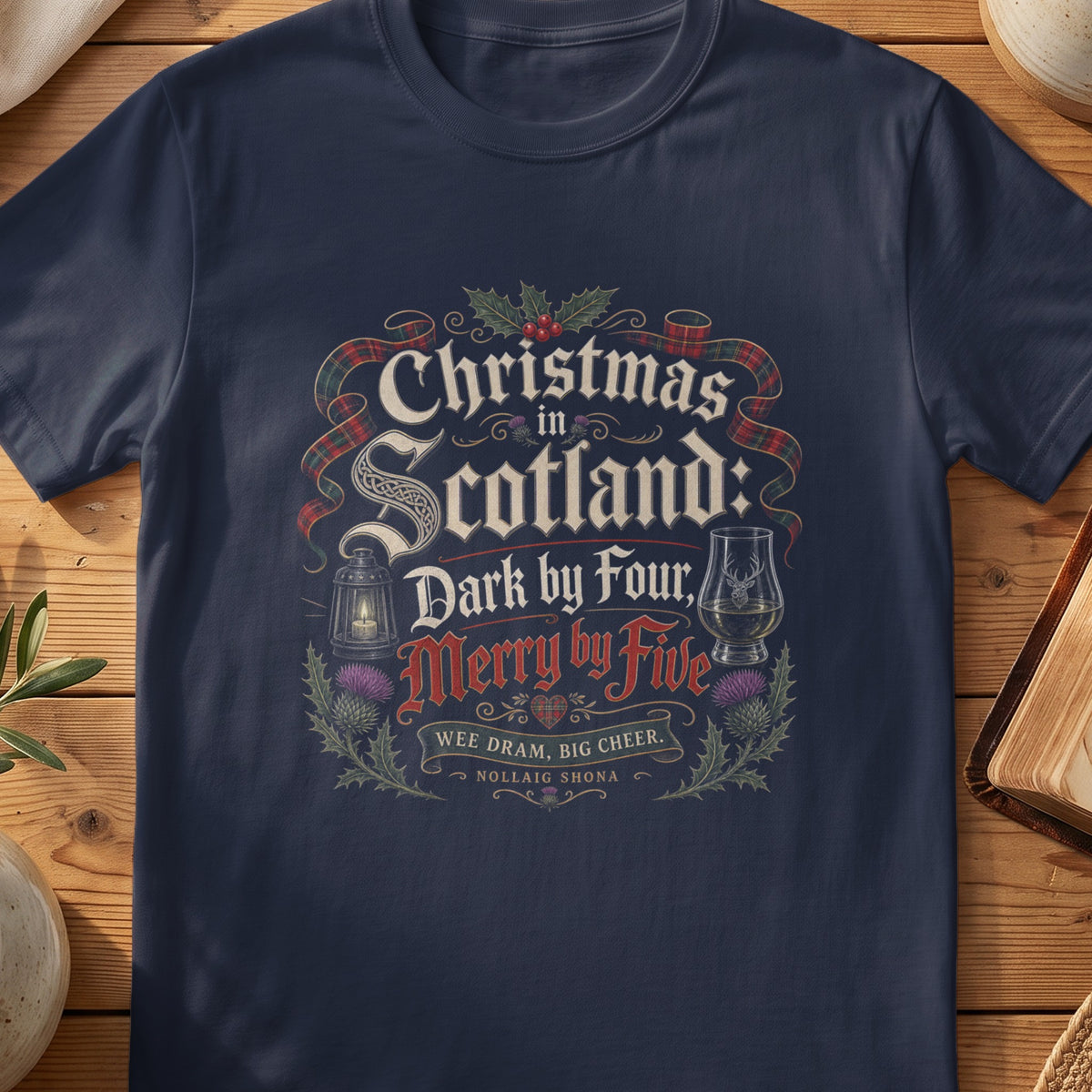Navy Gildan 64000 unisex T-shirt flatlay with Dark by Four Merry by Five Scottish graphic design