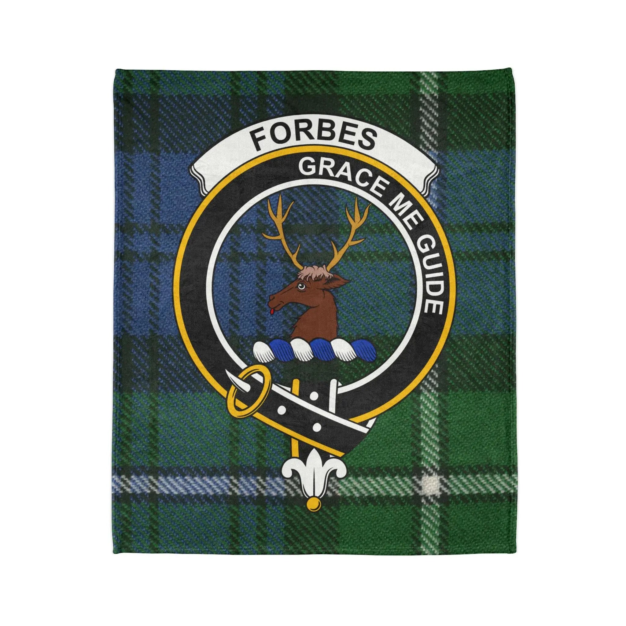 Forbes clan crest tartan throw blanket — stag head crest and Grace Me Guide motto on 50x60 design