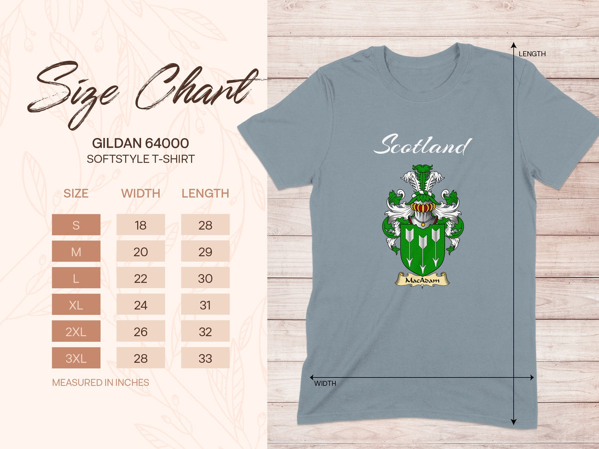 Gildan 64000 size chart for MacAdam Scottish family shield T-shirt