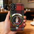 Boyd clan crest tartan phone case on iPhone — edge-to-edge red and green Confido design