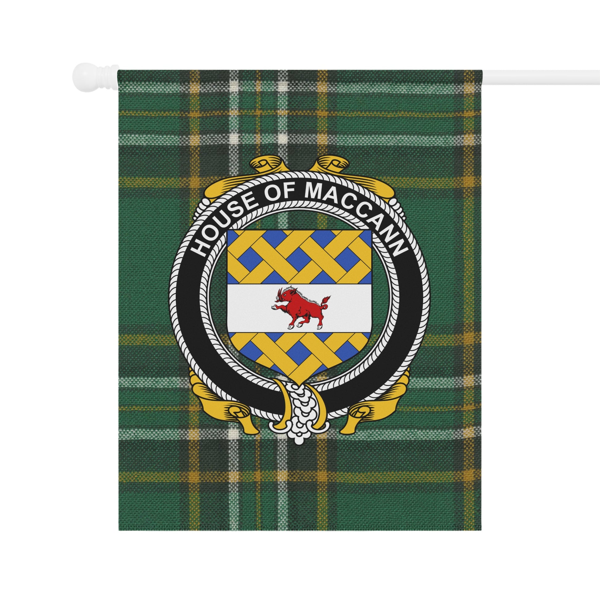 House of Maccann Crest on Green Tartan Flag Product