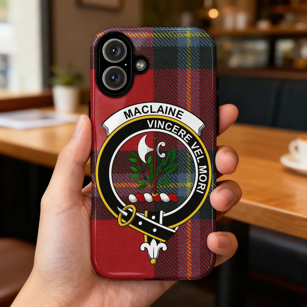 MacLaine Vincere Vel Mori clan crest tartan phone case — To Conquer or Die full heraldic design visible
