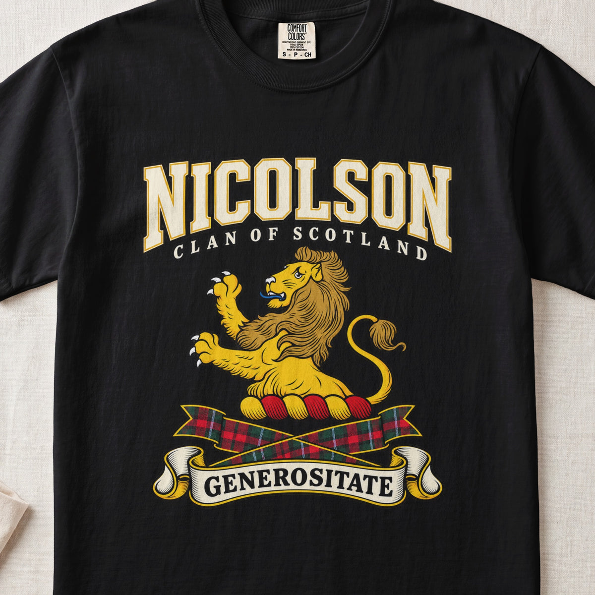 Nicolson Scottish clan graphic T-shirt in Black, front view