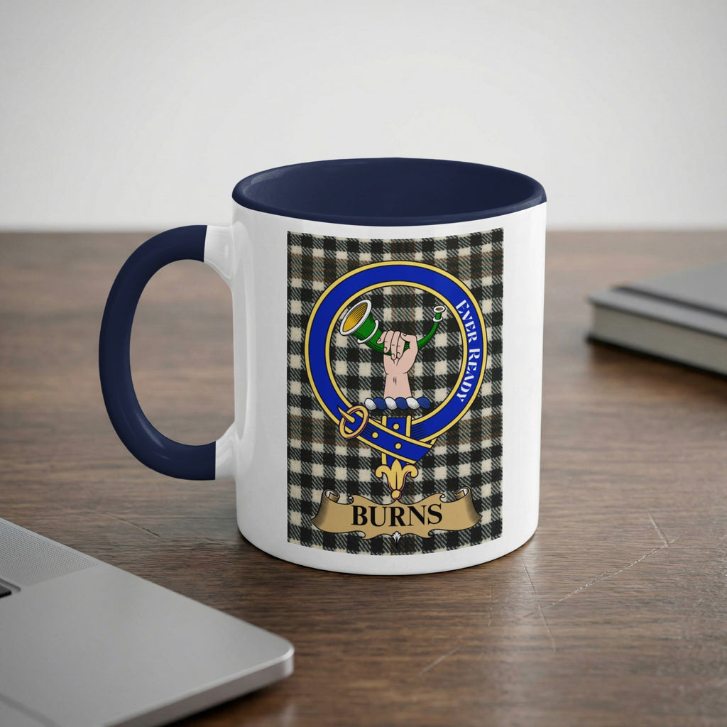 Burns family crest on tartan background mug — navy handle, Scottish heritage gift