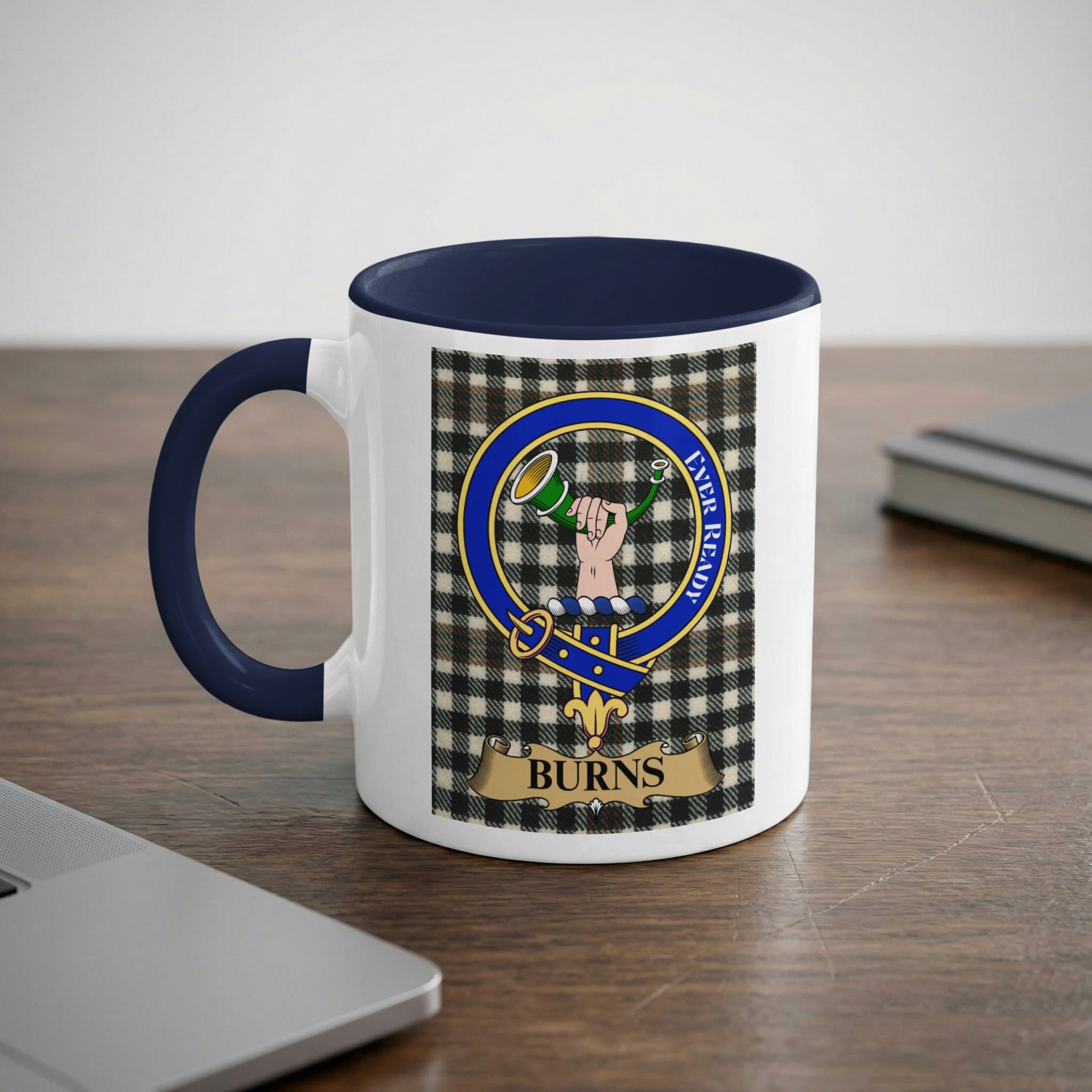 Burns family crest on tartan background mug — navy handle, Scottish heritage gift