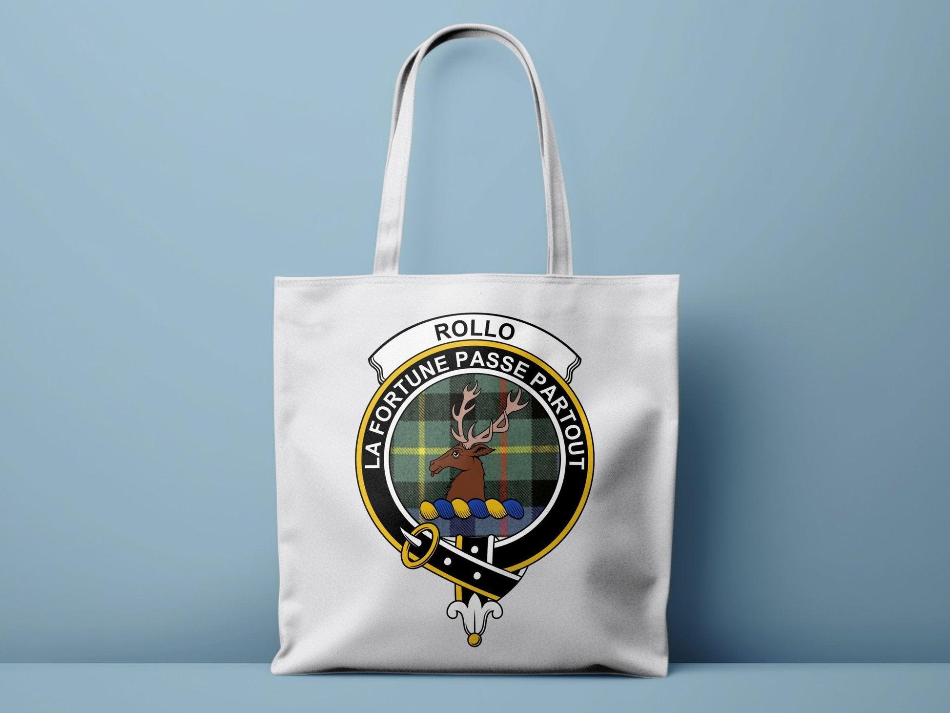 Rollo Scottish Clan Crest Tartan Tote Bags - Celtic Ancestry Gifts