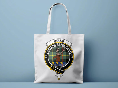 Rollo Scottish Clan Crest Tartan Tote Bags - Celtic Ancestry Gifts